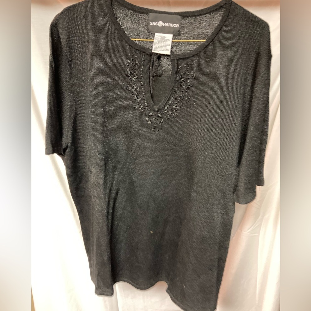 Sag Harbor Black Short Sleeve Top with Embroidery